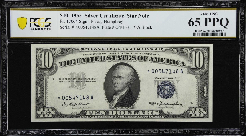 Fr. 1706*. 1953 $10 Silver Certificate Star Note. PCGS Banknote Gem Uncirculated...