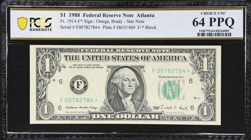 Fr. 1914-F*. 1988 $1 Federal Reserve Star Note. PCGS Banknote Choice Uncirculate...