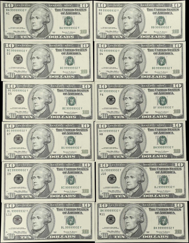 Lot of (12) Fr. 2033-A to 2033-L. 1999 $10 Federal Reserve Notes. Choice Uncircu...