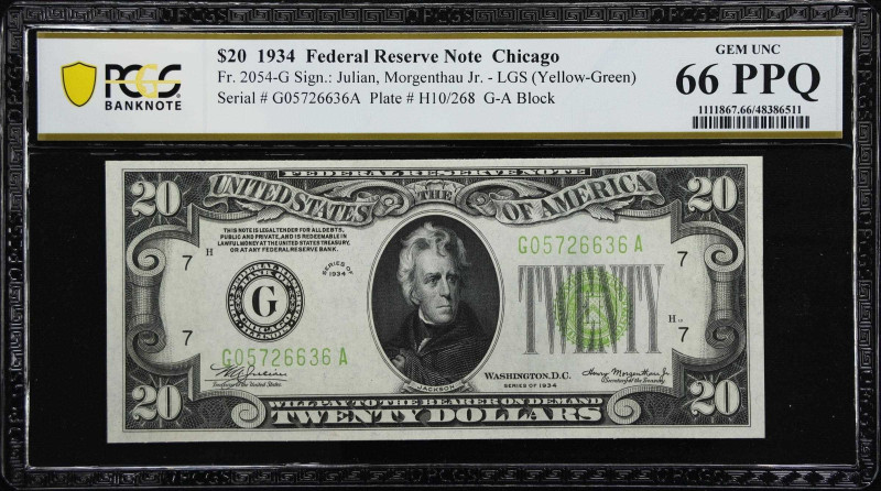 Fr. 2054-G. 1934 Light Green Seal $20 Federal Reserve Note. Chicago. PCGS Bankno...