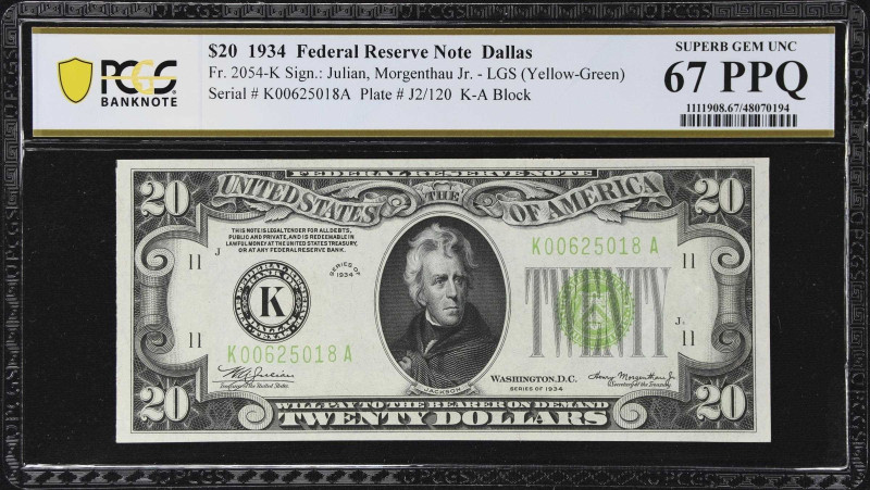 Fr. 2054-K. 1934 Light Green Seal $20 Federal Reserve Note. Dallas. PCGS Banknot...