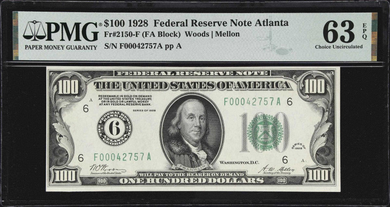 Fr. 2150-F. 1928 $100 Federal Reserve Note. Atlanta. PMG Choice Uncirculated 63 ...