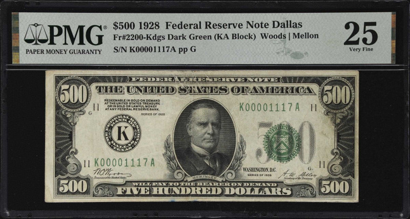 Fr. 2200-Kdgs. 1928 Dark Green Seal $500 Federal Reserve Note. Dallas. PMG Very ...