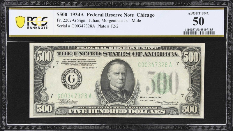 Fr. 2202-G. 1934A $500 Federal Reserve Mule Note. Chicago. PCGS Banknote About U...