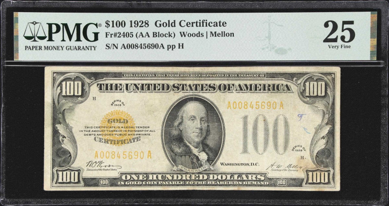 Fr. 2405. 1928 $100 Gold Certificate. PMG Very Fine 25.

An always in demand n...