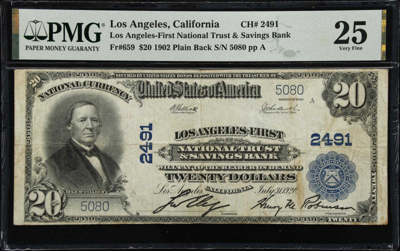 Los Angeles, California. $20 1902 Plain Back. Fr. 659. Los Angeles-First NT & SB...