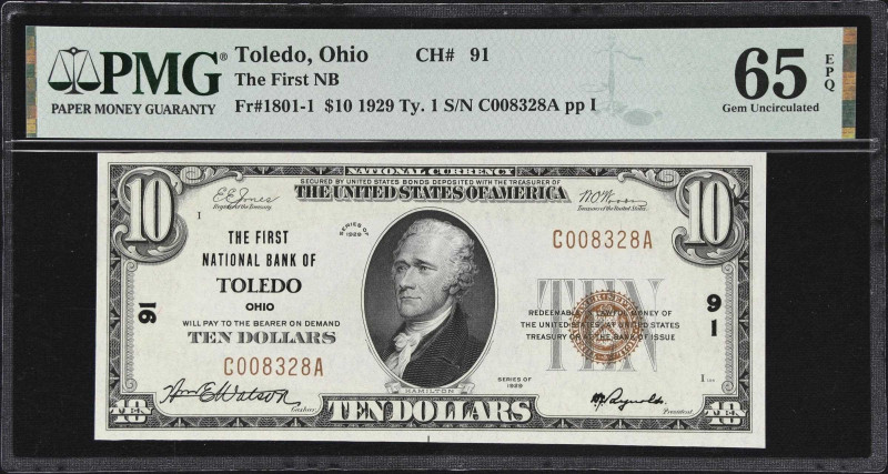 Toledo, Ohio. $10 1929 Ty. 1. Fr. 1801-1. The First NB. Charter #91. PMG Gem Unc...