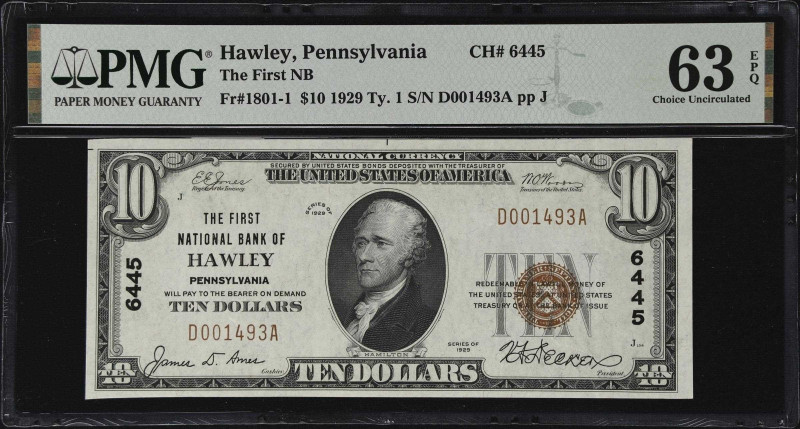 Hawley, Pennsylvania. $10 1929 Ty. 1. Fr. 1801-1. The First NB. Charter #6445. P...