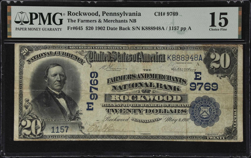 Rockwood, Pennsylvania. $20 1902 Date Back. Fr. 645. The Farmers & Merchants NB....