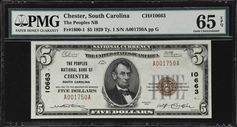 Chester, South Carolina. $5 1929 Ty. 1. Fr. 1800-1. The Peoples NB. Charter #106...