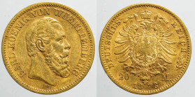 EUROPE - GERMANY - Empire - Württemberg - Karl von Württemberg - king (1864-1891)

COIN :
20 marks
OBVERSE : KARL KOENIG VON WUERTTEMBERG / Bare h...