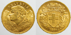EUROPE - SWITZERLAND - Confederation (1851-date)

COIN :
20 francs
OBVERSE : HELVETIA / Bust of young female left
REVERSE: '- / Shield within oak...