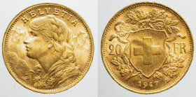 EUROPE - SWITZERLAND - Confederation (1851-date)

COIN :
20 francs
OBVERSE : HELVETIA / Bust of young female left
REVERSE: - / Shield within oak ...