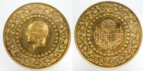 AFRICA / ASIA / OCEANIA - TURKEY - Republic (1923-date)

COIN :
250 Kurush - Kemal Atatürk - De Luxe Gold Coin
OBVERSE : - / Head of Ataturk lefgt...