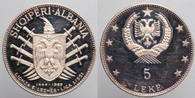 EUROPE - ALBANIA - Republic - Socialist Republic (1945-1990)

COIN :
5Lek - 500th Anniversary of Skanderbeg's Death
OBVERSE : SHQIPËRI·ALBANIA / L...