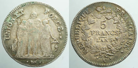EUROPE - FRANCE - Directoire (1795-1799)

COIN :
5 Francs
OBVERSE : UNION ET - FORCE .* / Hercules between Liberty and Justice
REVERSE: REPUBLIQU...