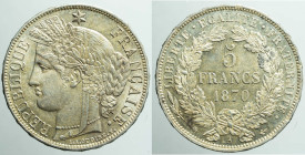 EUROPE - FRANCE - Republic - National Defence Government (1870-1871)

COIN :
5 Francs
OBVERSE : RÉPUBLIQUE - * - FRANÇAISE. / Laureate head of Cer...