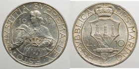 EUROPE - SAN MARINO - Republic - Old Coinage (1864-1938)

COIN :
10 lire
OBVERSE : REPVBBLICA -DI·S·MARINO / Coat of arms crowned on fasces - side...
