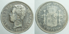 EUROPE - SPAIN - Kingdom - Amedeo Ist (1871-1873)

COIN :
5 pesetas -countermark crown with GP
OBVERSE : *AMADEO I REY - DE ESPANA* / bare head of...