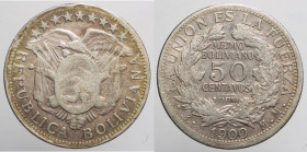 AMERICA NORTH & SOUTH - BOLIVIA - Republic (1825-2009)

COIN :
50 Centavos
OBVERSE : - / Crossed flags and weapons behind condor topped oval arms ...