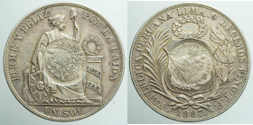 AMERICA NORTH & SOUTH - GUATEMALE - Republic (1839-date)

COIN :
1 Peso - countermarked
OBVERSE : REPUBLICA PERUANA LIMA. 9 DECIMOS FINO T.F. / Co...