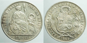 AMERICA NORTH & SOUTH - PERU - Republic - Republic (1858-date)

COIN :
1 Sol
OBVERSE : REPUBLICA PERUANA LIMA. 9 DECIMOS FINO Y.B/ Coat of arms wi...