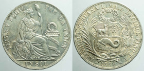 AMERICA NORTH & SOUTH - PERU - Republic - Republic (1858-date)

COIN :
1 Sol
OBVERSE : REPUBLICA PERUANA LIMA. 9 DECIMOS FINO T.F. / Coat of arms ...