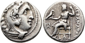 MAKEDONISCHE KÖNIGE. Alexander III. der Große, 336 - 323 v. Chr. Drachme ø 12mm (4.10g). ca. 320 - 306/5 v. Chr. Mzst.Kolophon. Vs.: Kopf des Herakles...