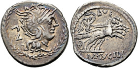 M. Lucilius Rufus, 101 v. Chr. Denar ø 20mm (3.93g). Mzst.Rom. Vs.: Kopf der Roma mit Helm im Lorbeerkranz n. r., dahinter PV. Rs.: M LVCILI / RVF, Vi...