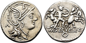 M. Servilius, 100 v. Chr. Denar ø 20mm (3.83g). Mzst.Rom. Vs.: Kopf der Roma n. r., dahinter Λ. Rs.: M SERVEILI C F / O, zwei kämpfende Krieger, dahin...