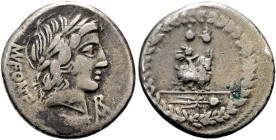 Mn. Fonteius, 85 v. Chr. Denar ø 19mm (3.32g). Mzst.Rom. Vs.: MN FONTEI (teilweise in Ligatur) C F, Kopf des Apoll n. r., darunter Blitzbündel, davor ...