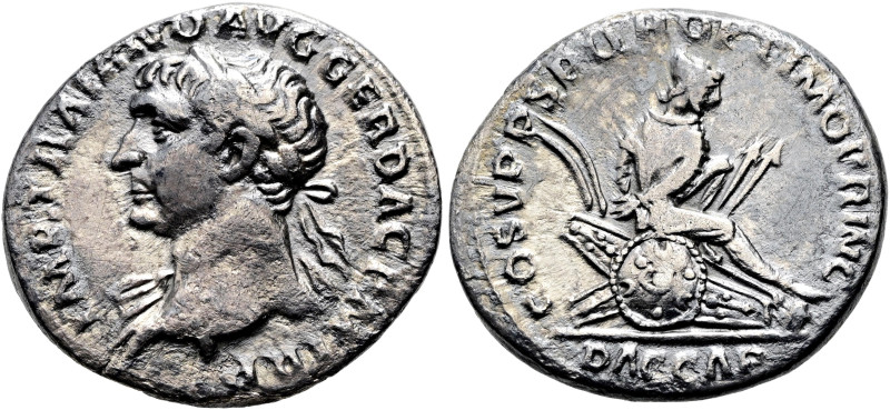 Trajan, 98 - 117 n. Chr. Denar ø 18mm (2.69g). ca. 2. Hälfte 107 - 108 n. Chr. M...