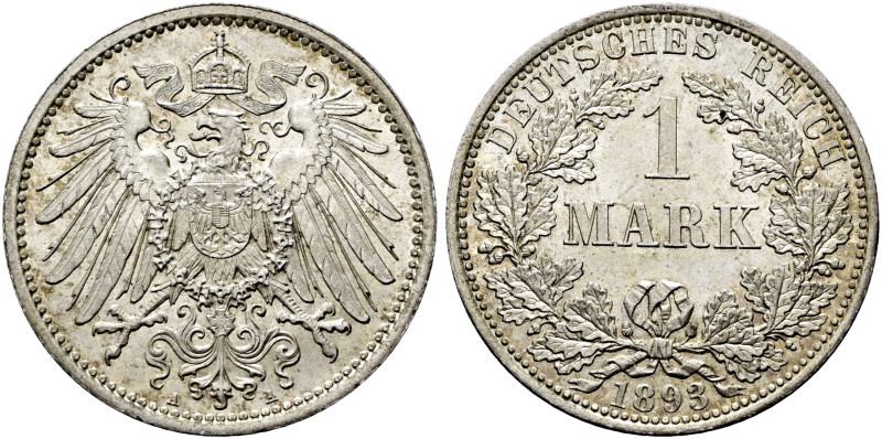 REICHSKLEINMÜNZEN. Mark (5.55g). 1893 A, Berlin. Großer Reichsadler, darunter do...