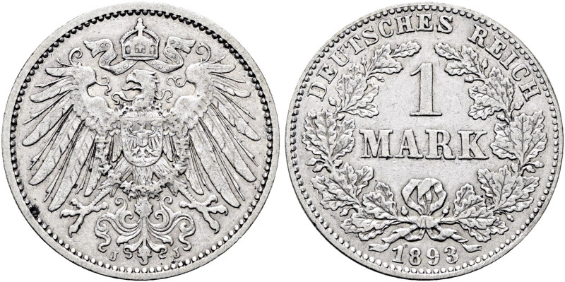 REICHSKLEINMÜNZEN. Mark (5.48g). 1893 J, Hamburg. Großer Reichsadler, darunter z...