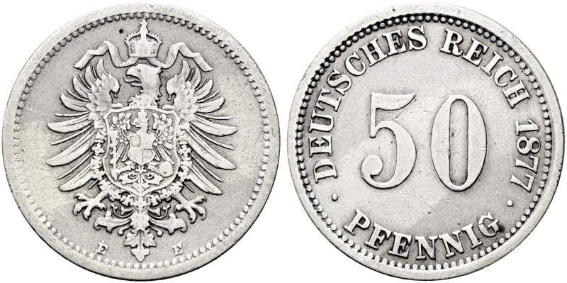 REICHSKLEINMÜNZEN. 50 Pfennig (2.64g). 1877 E, Dresden. Kleiner Reichsadler, dar...