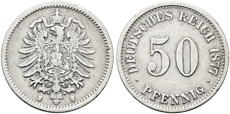 REICHSKLEINMÜNZEN. 50 Pfennig (2.68g). 1877 H, Darmstadt. Kleiner Reichsadler, d...