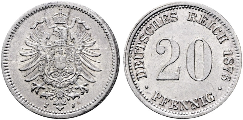 REICHSKLEINMÜNZEN. 20 Pfennig (1.09g). 1876 J, Hamburg. Kleiner Reichsadler, dar...