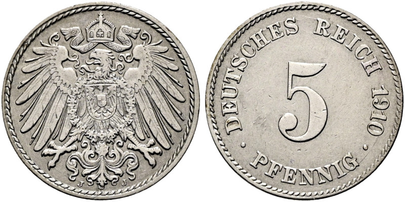 REICHSKLEINMÜNZEN. 5 Pfennig (2.45g). 1910 J, Hamburg. Großer Reichsadler, darun...