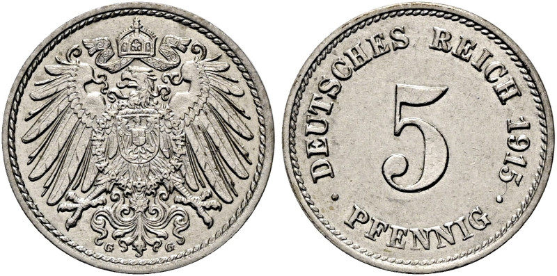 REICHSKLEINMÜNZEN. 5 Pfennig (2.45g). 1915 G, Karlsruhe. Großer Reichsadler, dar...