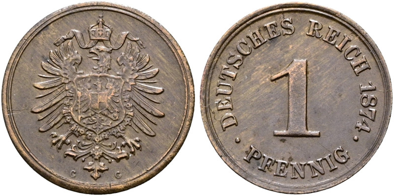 REICHSKLEINMÜNZEN. Pfennig (2.02g). 1874 G, Karlsruhe. Kleiner Reichsadler, daru...