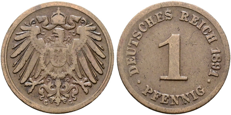 REICHSKLEINMÜNZEN. Pfennig (1.90g). 1891 G, Karlsruhe. Großer Reichsadler, darun...