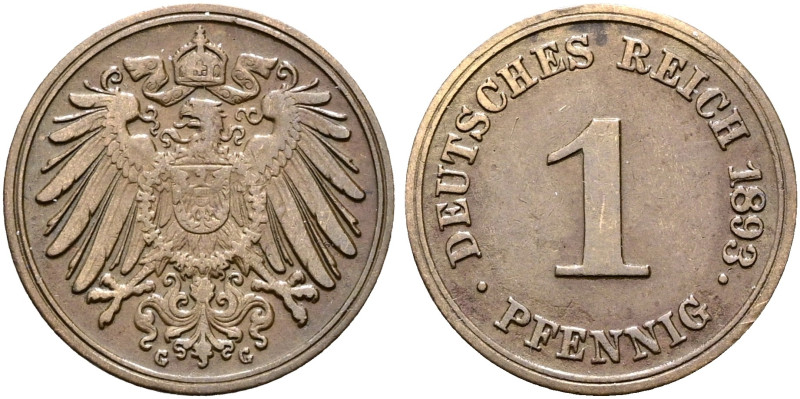 REICHSKLEINMÜNZEN. Pfennig (1.94g). 1893 G, Karlsruhe. Großer Reichsadler, darun...