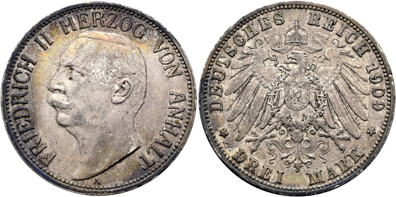 REICHSSILBERMÜNZEN. ANHALT. Friedrich II., 1904-1918. 3 Mark (16.62g). 1909 A, B...