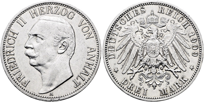 REICHSSILBERMÜNZEN. ANHALT. Friedrich II., 1904-1918. 3 Mark (16.59g). 1909 A, B...