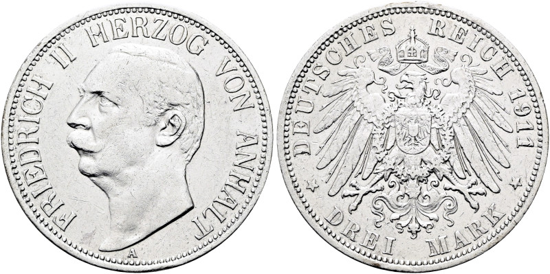 REICHSSILBERMÜNZEN. ANHALT. Friedrich II., 1904-1918. 3 Mark (16.60g). 1911 A, B...