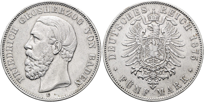 REICHSSILBERMÜNZEN. BADEN. Friedrich I., 1856-1907. 5 Mark (27.58g). 1875 G, Kar...