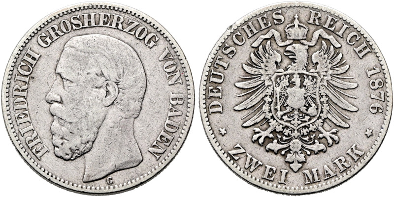 REICHSSILBERMÜNZEN. BADEN. Friedrich I., 1856-1907. 2 Mark (10.90g). 1876 G, Kar...