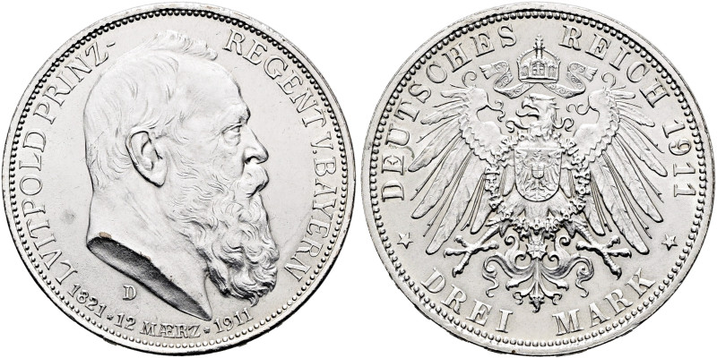 REICHSSILBERMÜNZEN. BAYERN. Luitpold, Prinzregent, 1886-1912. 3 Mark (16.65g). 1...