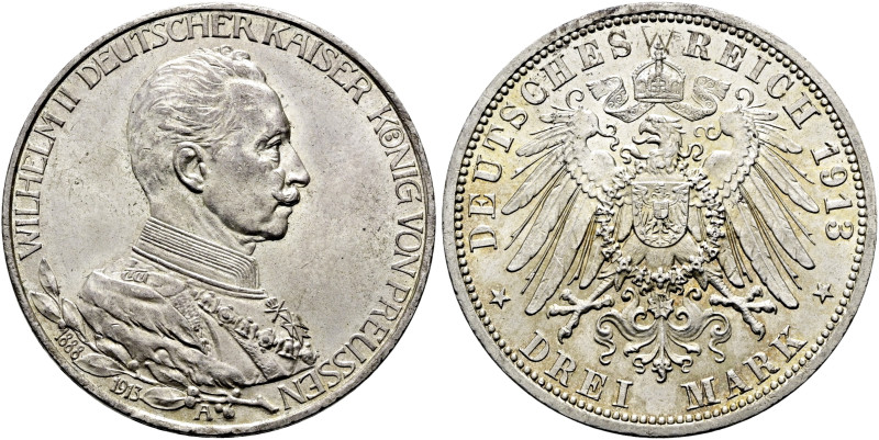 REICHSSILBERMÜNZEN. PREUSSEN. Wilhelm II., 1888-1918. 3 Mark (16.63g). 1913 A, B...