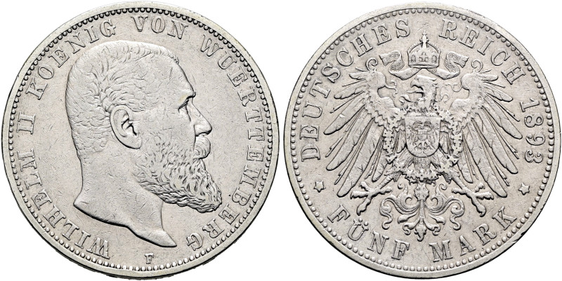 REICHSSILBERMÜNZEN. WÜRTTEMBERG. Wilhelm II., 1891-1918. 5 Mark (27.51g). 1893 F...